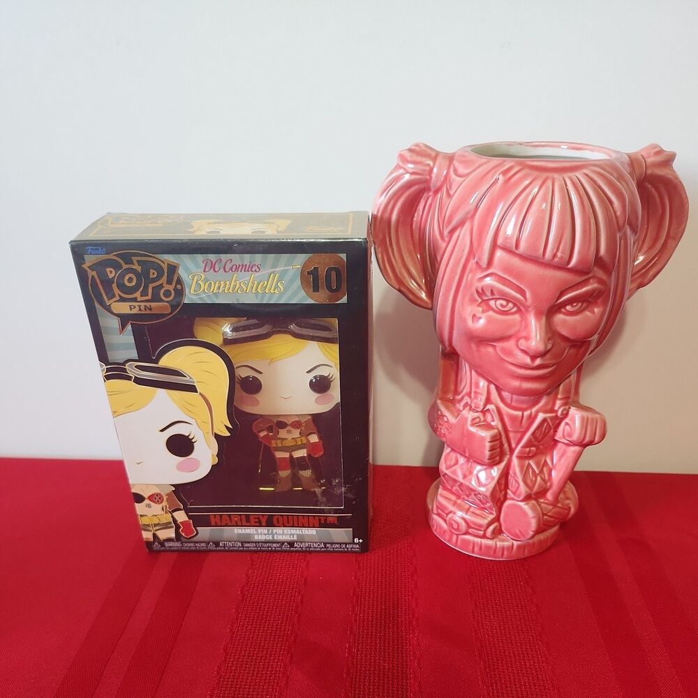 Harley Quinn Collector Lot Funko Pop Pin 10 DC Bombshells & Geeki Tikis Mug